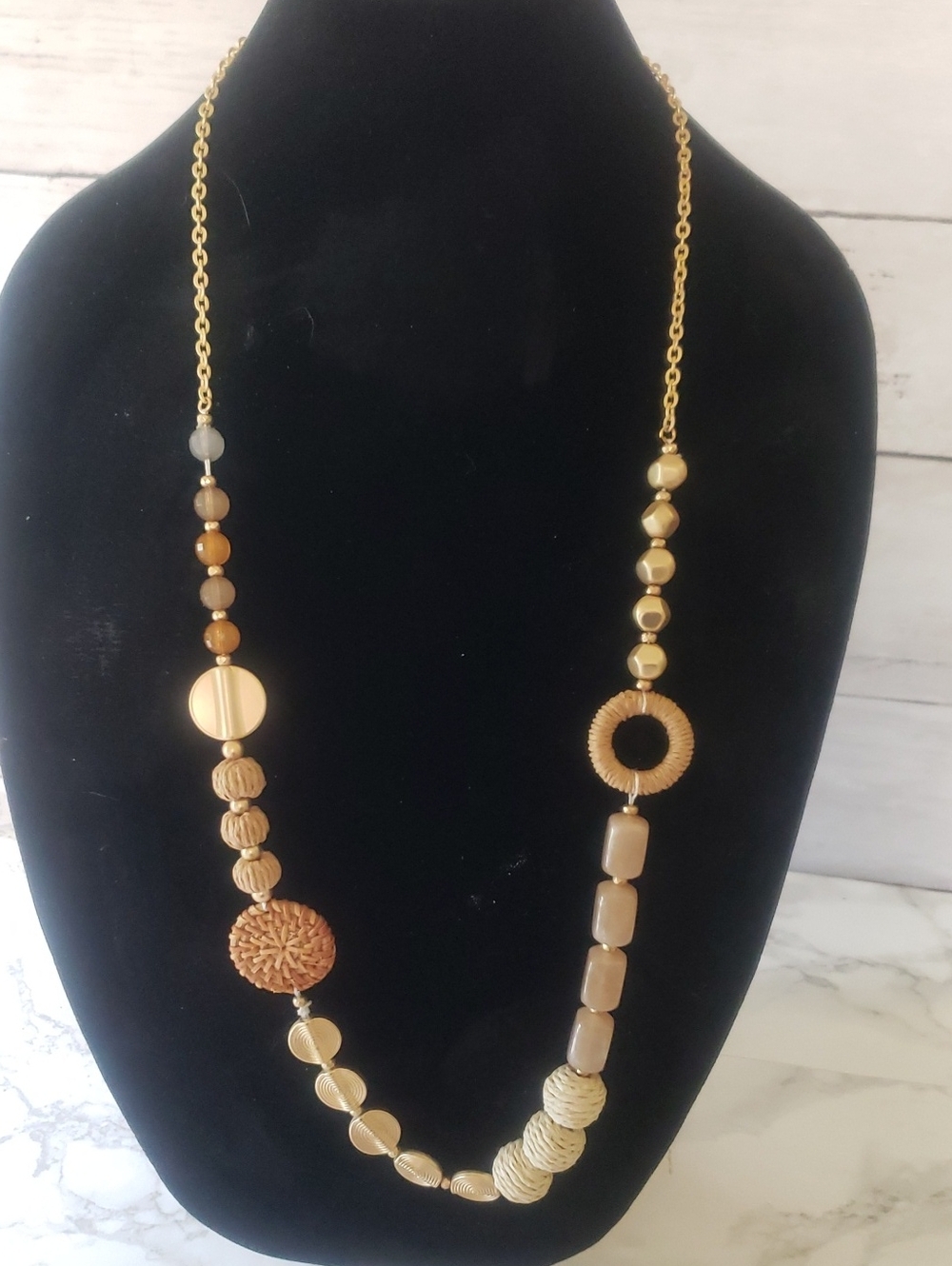 Plunder Gold and Beige Mixed Bead Statement Necklace NIB